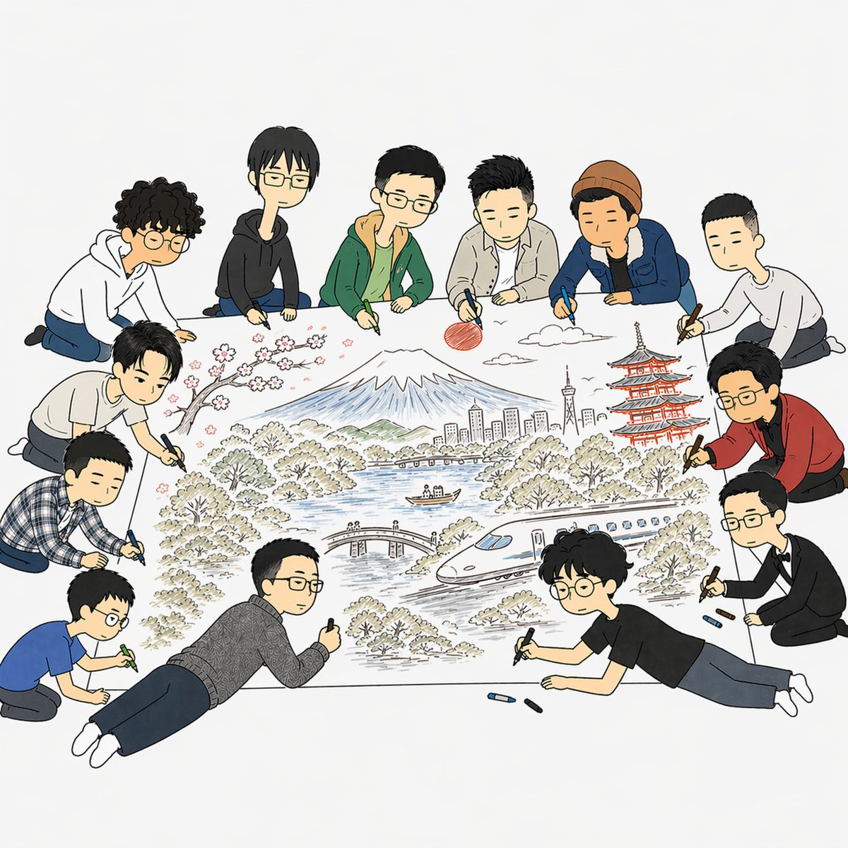 团队绘制日本主题插画