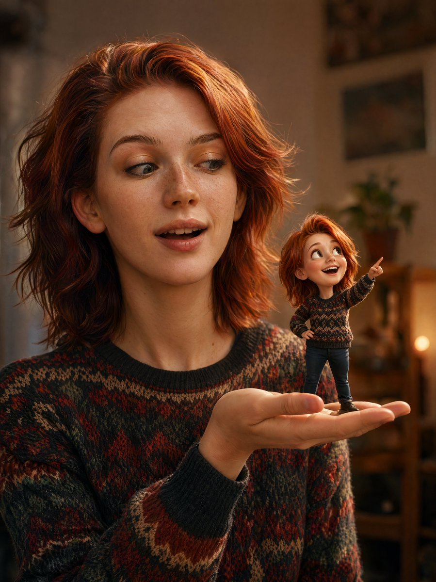 带有 3D 微缩角色的电影感肖像