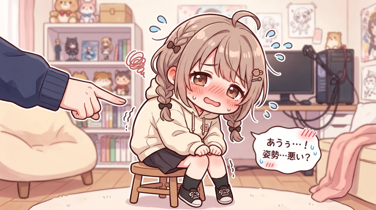 坐在小凳子上害羞的动漫少女