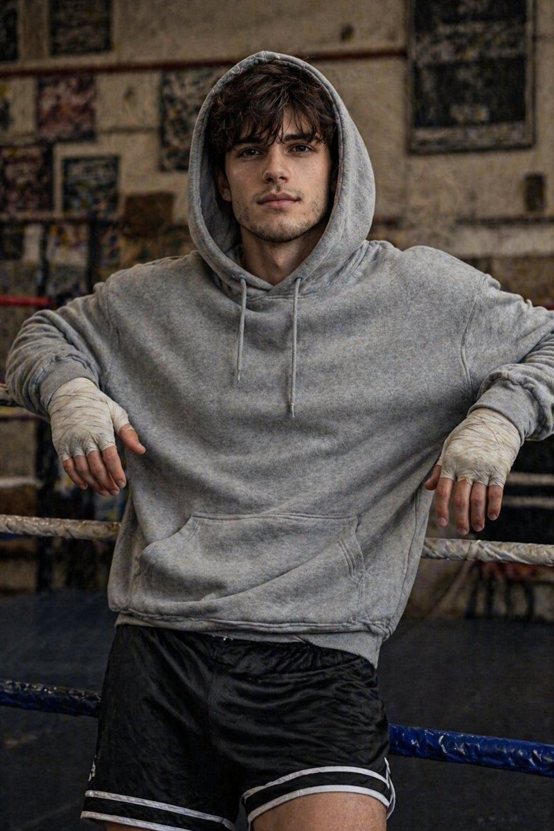 倚靠在拳击台围绳上的坚毅拳手