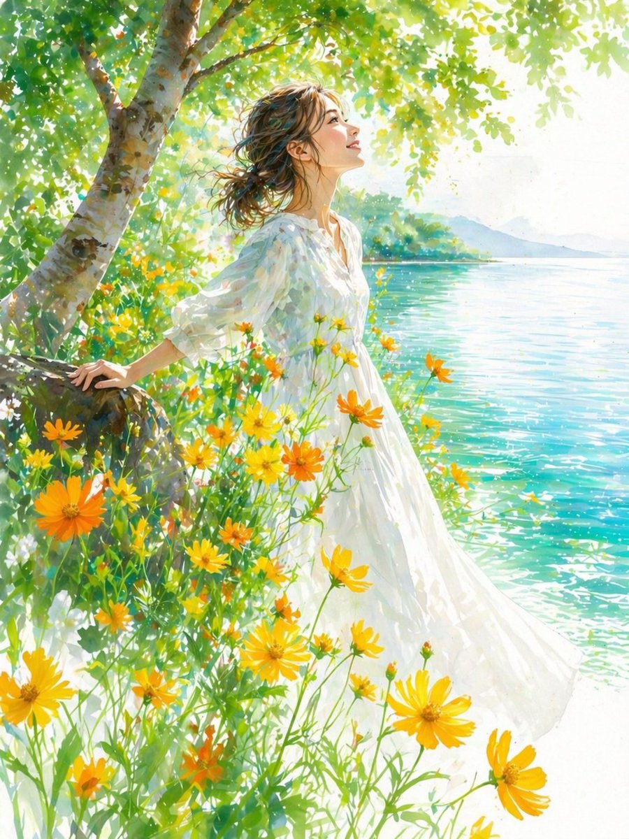 夏日湖畔的印象派女性